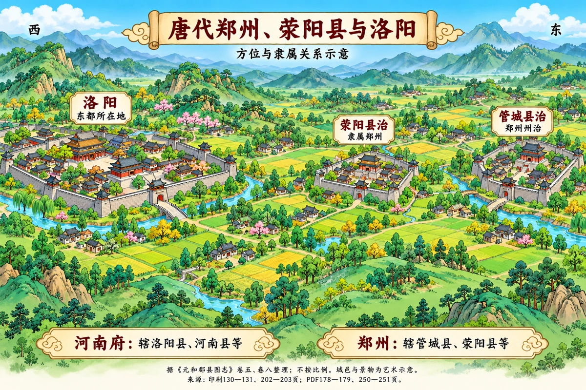 唐代郑州荥阳县与洛阳相对方位及隶属关系的手绘插画