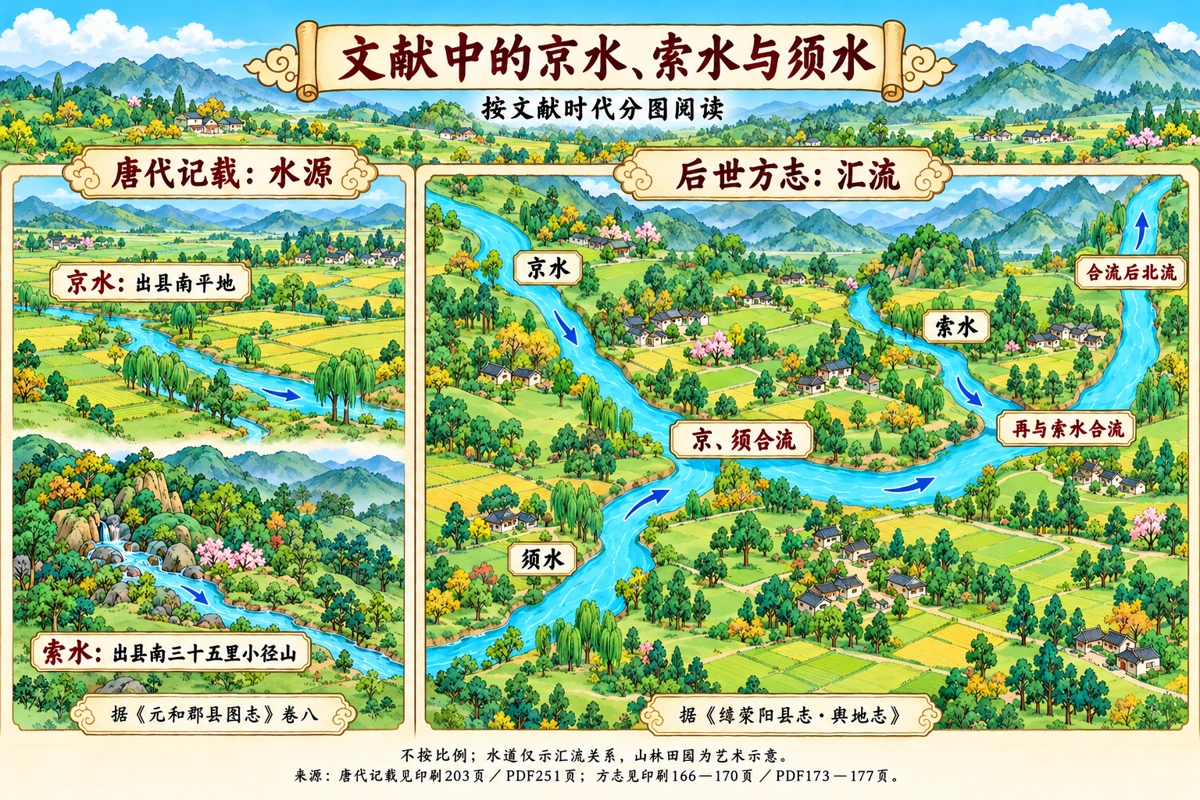 唐代水源记载与后世方志汇流叙述分图呈现的京索须水道手绘图